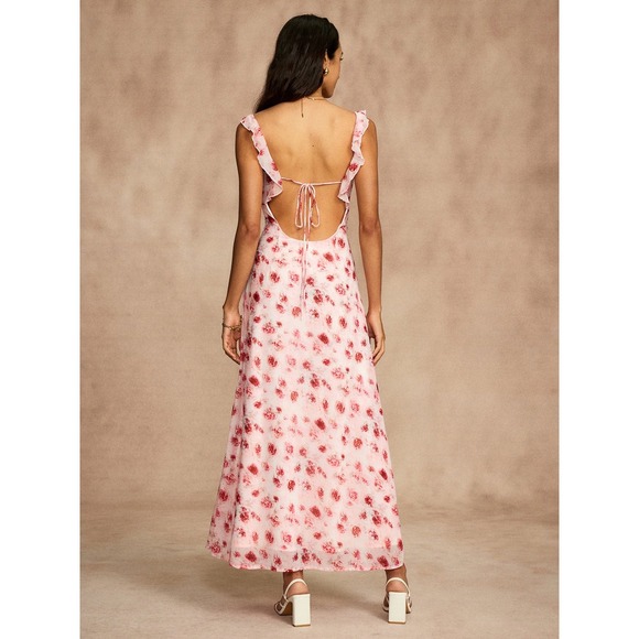 Commense Floral Maxi Dress Open Back Ruffle Tie Cottagecore size XL/12US - Picture 6 of 6